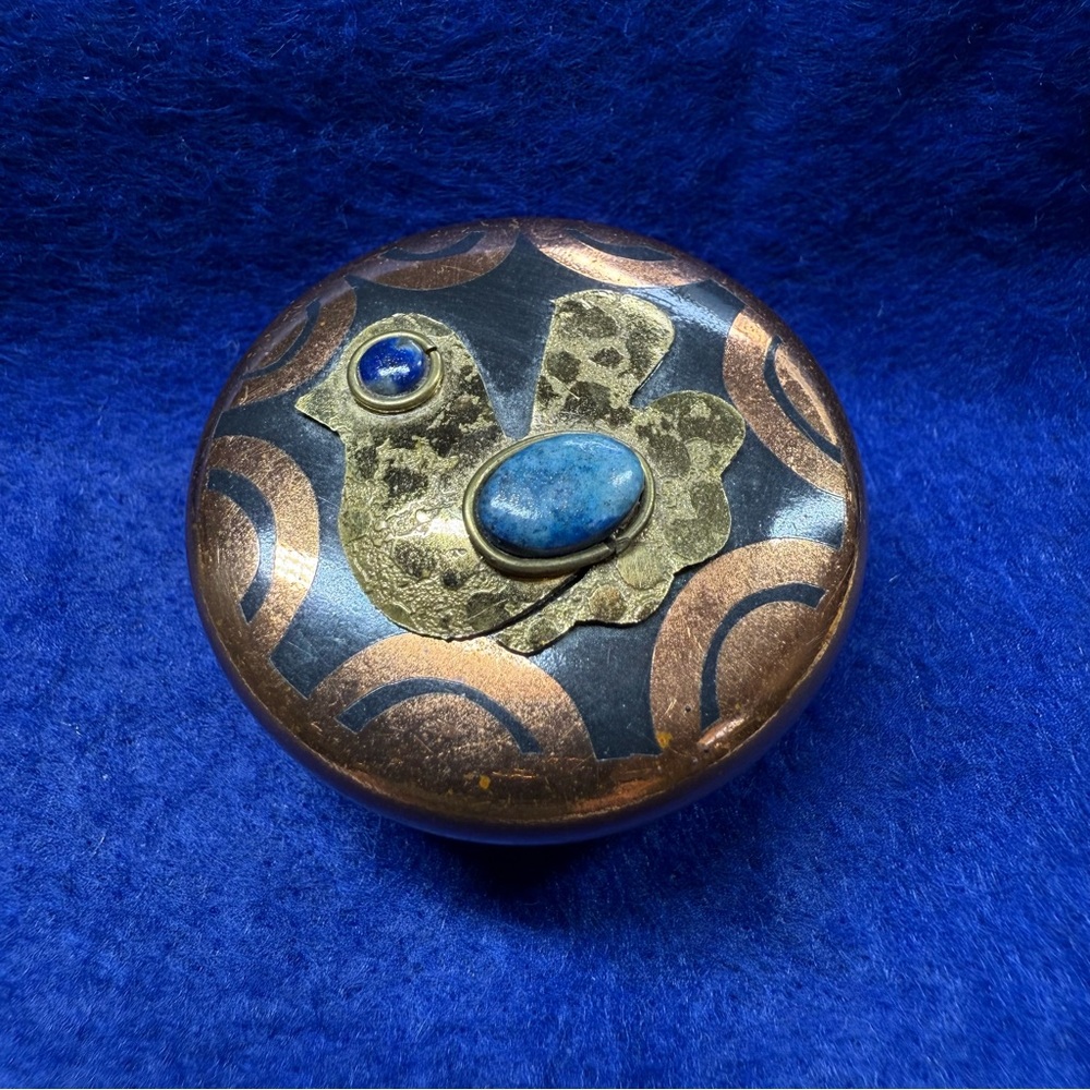 Vintage Chilean Copper and Brass Trinket Box with Lapis Lazuli stones.